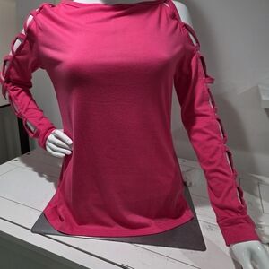 Vibrant Pink Long Sleeve Top | Cutout Sleeves | Crew Neck